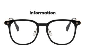Front view of black square frames with metallic hinges and adjustable nose pads