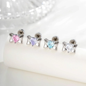 Titanium Steel Bowknot Heart Zircon Stud Earrings With Flat Screw Back Cartilage Piercing Jewelry For Women
