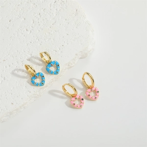 Vintage heart hoop earrings in gold finish with pink and blue enamel and colorful zircons