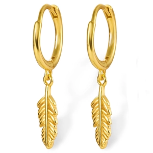 Polished golden feather drop earrings with elegant round hoop closures for women