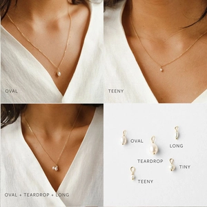 Detail view of various baroque freshwater pearl shapes on fine 14K gold plated chains