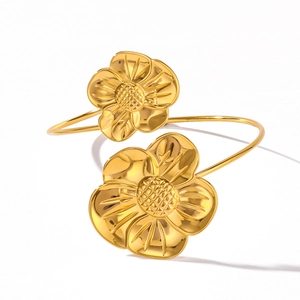 18k gold plated stainless steel open bangle featuring double flower petal decorations