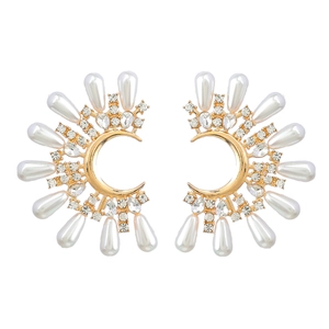 Elegante goldene Halbmond-Ohrringe mit glitzernden Strasssteinen und Tropfenperlen