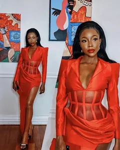 Satin Evening Dress Deep V Neck Long Sleeve Mesh Corset Waist High Slit Backless Lace Up Sexy Party Banquet Elegant Women