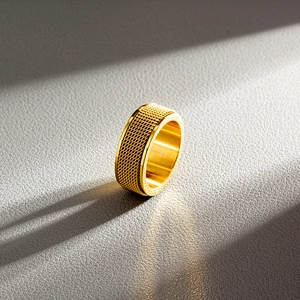 Detail of 8mm golden spinner ring with intricate mesh texture and side thickness