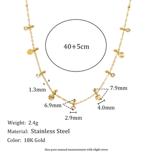 Technical dimensions of a gold stainless steel chain necklace with tassel pendant