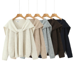 Women's Casual Elegant Shawl Collar Tie-Up Knit Sweater Pullover Soft Warm Long Sleeve Top For Autumn Winter Streetwear