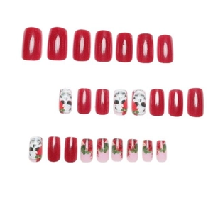24-piece press-on nail set featuring red glitter, skull art, and pink rose designs