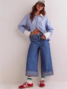 Damen Vintage Gestreifte Jeans Mit Geradem Bein Hohe Taille Gewaschene Lässige Weite Hose Mode Baumwolle Denim Hose Für Damen