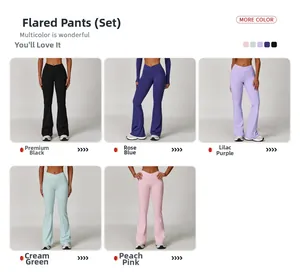 Flare leggings set featuring a high-waisted V-shaped waistband in five pastel colors