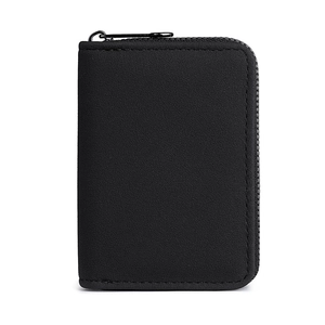 Minimalist black RFID blocking card wallet with secure zipper and matte texture