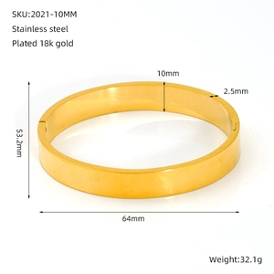 Detailed size chart of 10mm wide 18k gold plated stainless steel flat bangle bracelet