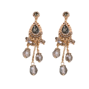 Vintage gold-tone flower tassel earrings with smokey grey crystals in chandelier style