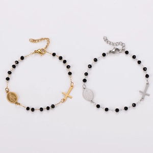 Bracelet Chapelet Perles Acier Inoxydable 304 Perles Noires Pendentif Croix Médaille Vierge Marie Bijoux Religieux Unisexe
