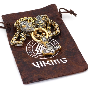 Two-tone Viking Thor's hammer necklace with wolf heads and brown drawstring storage bag