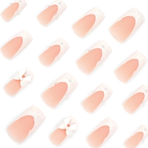 Matte French nails with 3D white flowers, pink gradient, bows and micro pearls