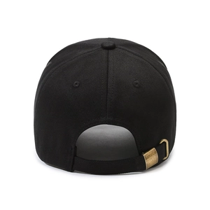 Black cotton baseball cap back view with adjustable vintage metal buckle strap