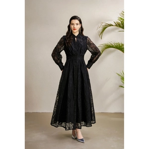 Elegant black V-neck lace maxi dress with lantern sleeves and palace style embroidery