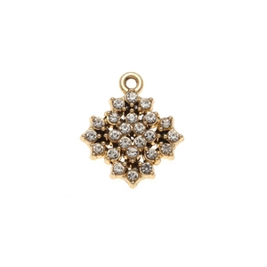 Golden rhombus star pendant with sparkling crystals and a round hanging loop on white backdrop