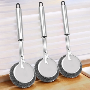 Three long-handled stainless steel pot brushes with hanging hooks for kitchen cleaning
