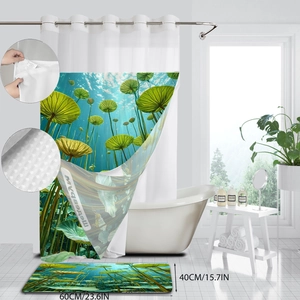 Detail view of teal lotus bath curtain with matching mat and white metal grommets