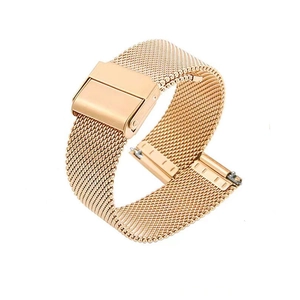 Detail of rose gold mesh watch strap with a secure folding clasp and metal texture