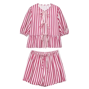 Women Striped Pajama Set Short Sleeve Bow Tie Top And Bottom Casual Elastic Waist Ruffle Hem Summer Loungewear PJ Set