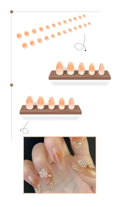 Detail of blush ombre press-on nails with 3D embossed flowers, pearls and rhinestones