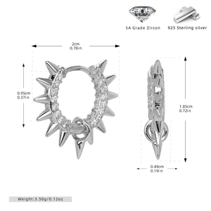 Detailed view of S925 sterling silver spike hoop earrings with 5A zircon and sizing specs