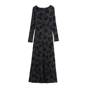 Maxi Dress Long Sleeve Glitter Knit Flocked Floral Round Neck High Waist Slim Fit Elegant Sexy Vintage Women