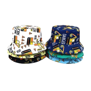 Kids Bucket Hat Cotton Polyester Sun Protection Excavator Construction Vehicle Pattern Breathable Summer Sunscreen Boys