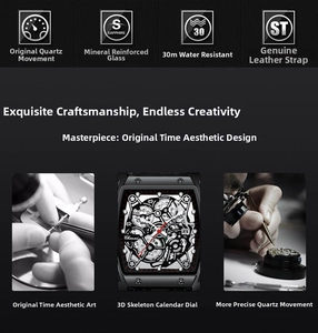 Detailed views of leather strap and tonneau skeleton dial with calendar display