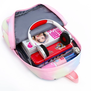 Rainbow gradient backpack 3-piece set showing large capacity and internal compartments