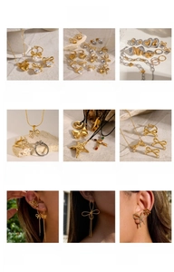 Macro detail of high-quality stainless steel bow and cherry earrings with gold finish