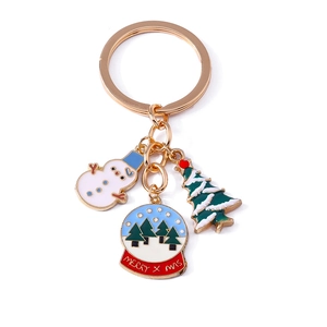 Christmas snowman and tree keychain with golden hardware and enamel crystal ball charms
