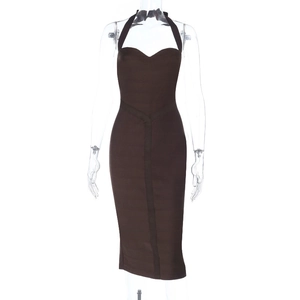 Detail of dark brown ribbed knit halter neck midi dress on a transparent mannequin