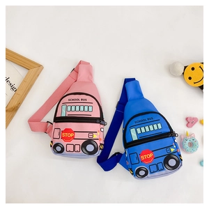 Flat lay of pink and blue school bus kids chest bags with cute cartoon patterns