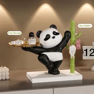 Cute panda desktop organizer with golden tray and green bamboo hook for keys and jewelry