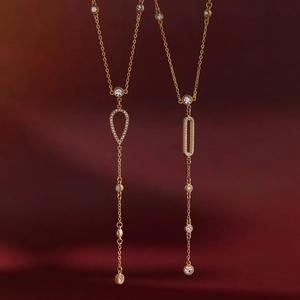 Gold-plated stainless steel Y-necklace with rhinestone waterdrop and oval pendants