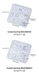 Detail of irregular geometric silicone earring molds showing 10.8x10.6cm dimensions and shapes