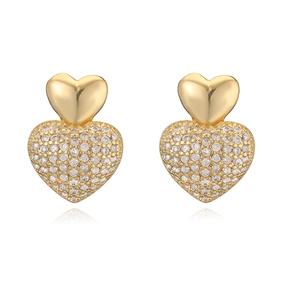 Exquisite 18K gold plated double heart stud earrings with sparkling pavé zircon stones