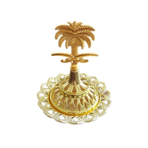 Golden luxury resin incense burner with Saudi emblem palm tree and crossed swords design