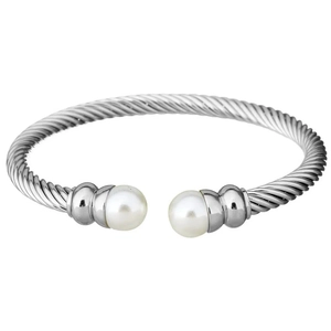 Silver stainless steel cable twisted wire cuff bracelet with white pearl end caps