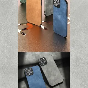 Close-up of leather texture phone cases in brown, blue and grey for iPhone 13