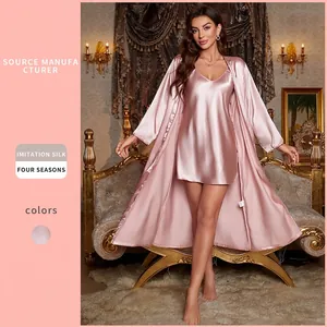 Peignoir Et Nuisette Pyjama Femme Imitation Satin Satin Col V Manches Longues Ceinture Bretelles Spaghetti Élégant