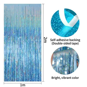 Light blue laser foil fringe curtain for party backdrop decoration 1x2m with adhesive