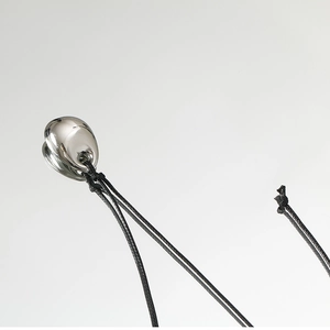 Macro shot of a polished silver organic bean pendant on a minimalist black cord