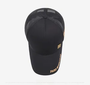 Top view of a black mesh baseball cap featuring gold FARD SPORTCAP embroidery