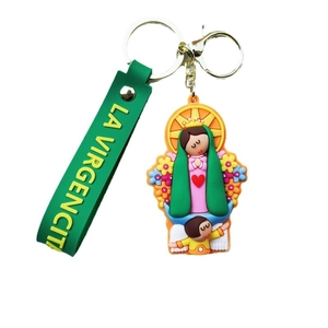 Cartoon La Virgencita silicone keychain with green wrist strap and gold metal clasp