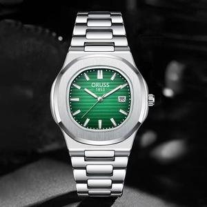 Slim men's quartz watch with olive green textured dial and silver stainless steel band